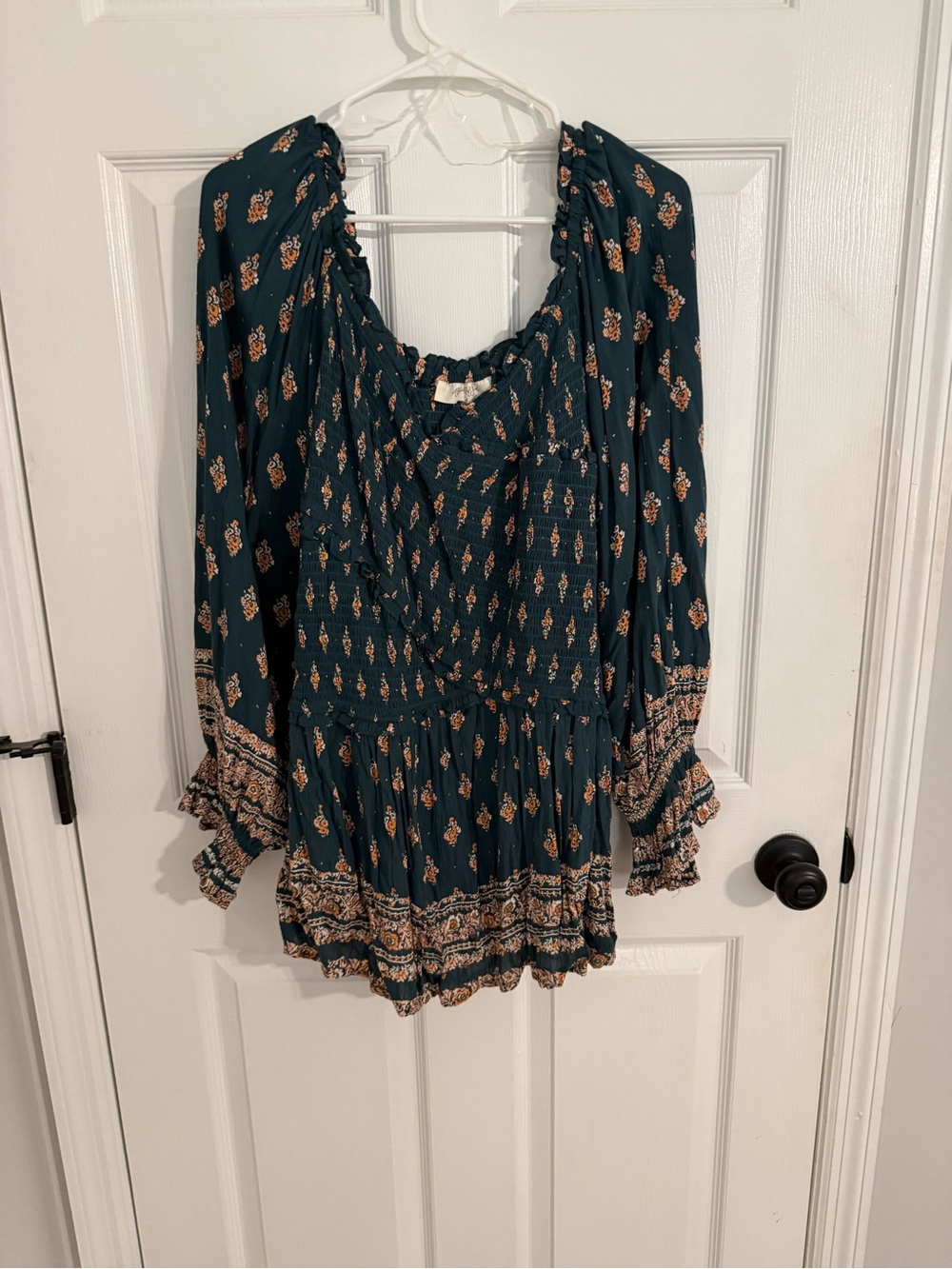 Altar'd State Teal Boho Floral Smocked Blouse